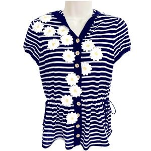 Moth (Anthropologie) blue and white striped hoodie sweater with daisies.
